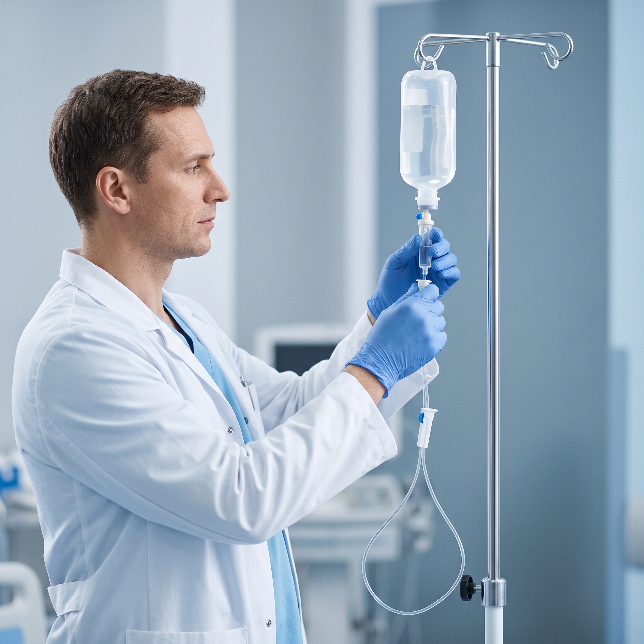 Врач регулирует внутривенную капельницу